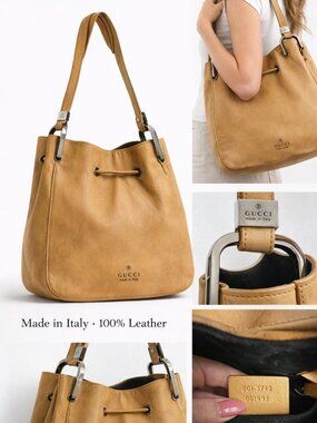 Gucci Vintage Leather Drawstring Shoulder Bag Tan Bucket Bag Authentic Italy